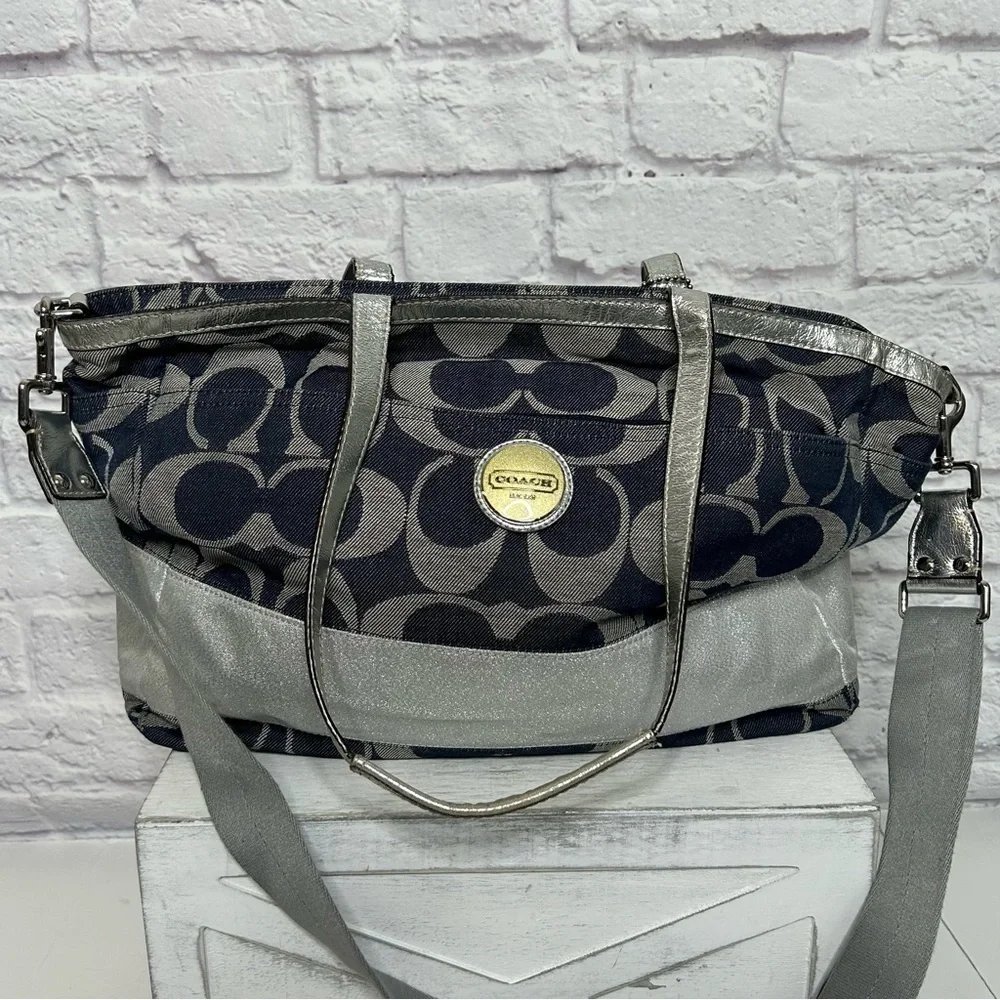 Coach Denim Signature Stripe Tote Weekender Diaper Bag F17443 Large Shoulder Bag